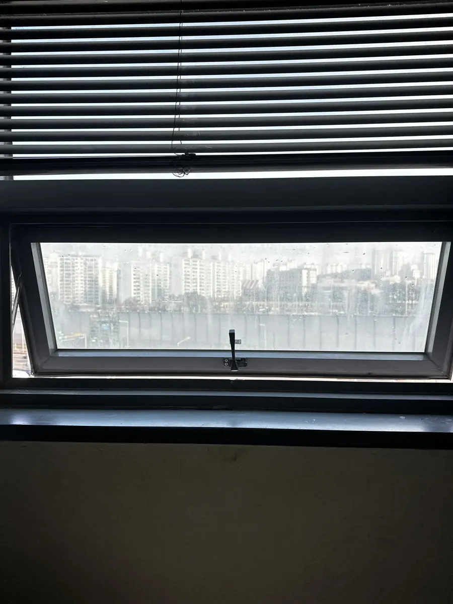 도심 전망이 보이는 프로젝트 창문이 완전히 열려 블라인드 아래로 손잡이가 보이는 방문 진단 모습